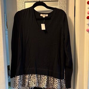 Loft Black Blouse with Animal Print Hem